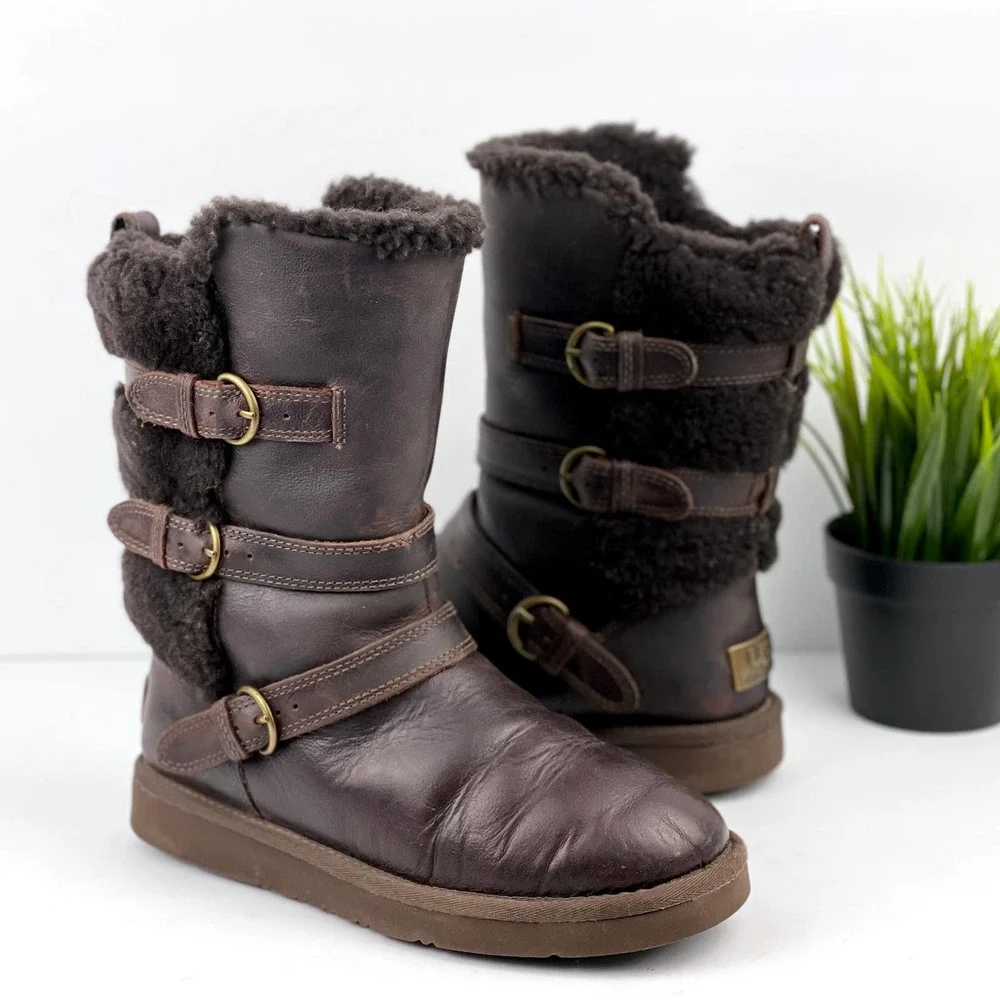 UGG Becket Shearling & Leather Water Resistant Buckle Boot Dark Brown 6 - Picture 1 of 12